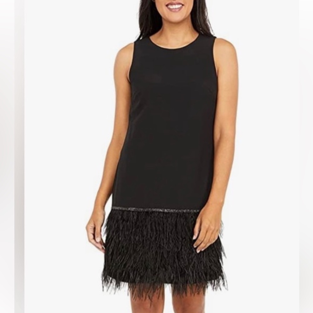 Tahari ASL Women's Sleeveless Round Neck Feather Trim Shift Dress